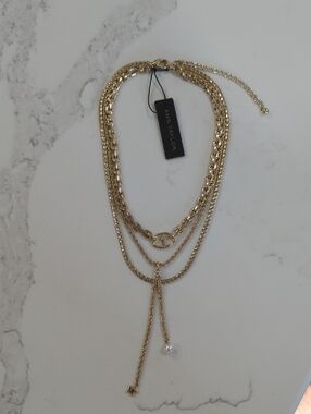 Ann Taylor Gold Layered Chain Necklace with Star and Pearl Dangles